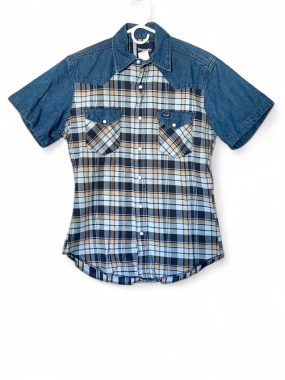 Wrangler Western Denim Yoke and Plaid Short Sleeve Pearl Snap Button Down Shirt